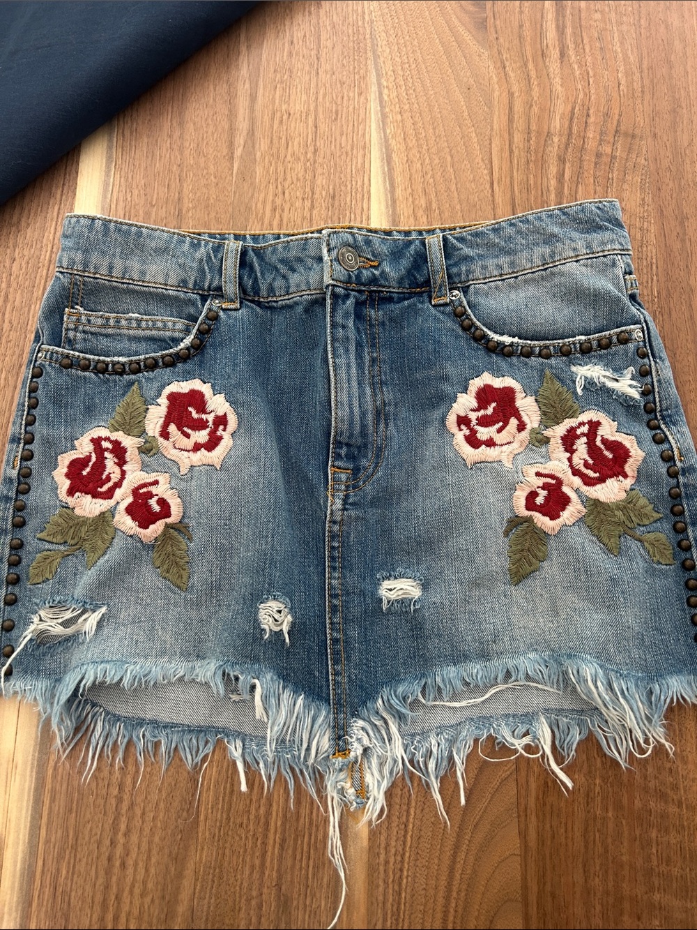 Free People Light Blue Denim Skirt with embroidery